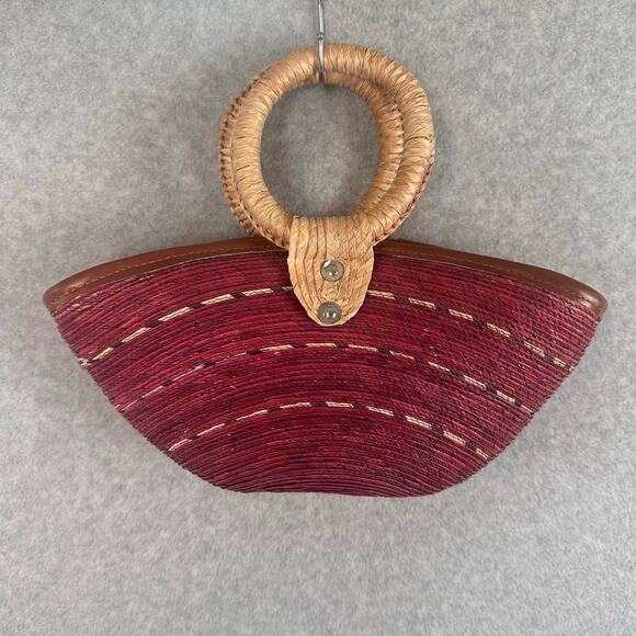Handwoven Straw Tote Purse Red Natural Wicker Bag Circular Handle Boho Chic - Picture 1 of 14